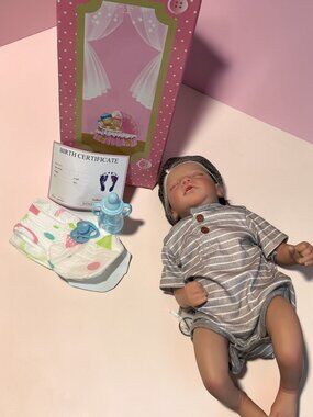 Realistic Reborn Baby Doll With Accessories & Birth Certificate Striped Gray Out
